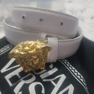 Versace White Leather Belt with Gold Buckle